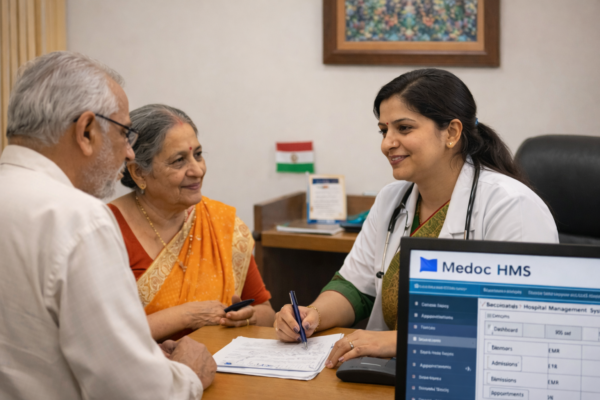 Doctor consulting elderly patients in a clinic while updating records on Medoc HMS clinic management software, demonstrating digital EMR and patient management workflow.