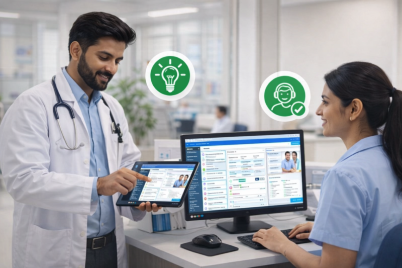 Doctor and front desk staff using OPD management software to manage outpatient workflow easily and efficiently