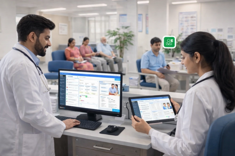 Doctors and clinic staff using OPD management software to manage outpatient department workflow digitally