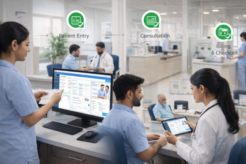OPD management software showing patient entry, doctor consultation, and billing workflow in an outpatient department