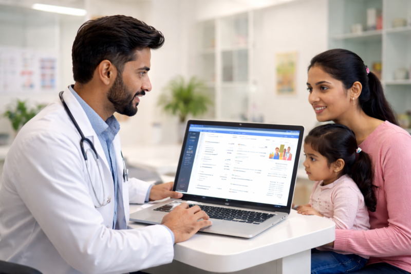 Indian doctor explaining electronic medical records to a patient and child using EMR software in a modern clinic