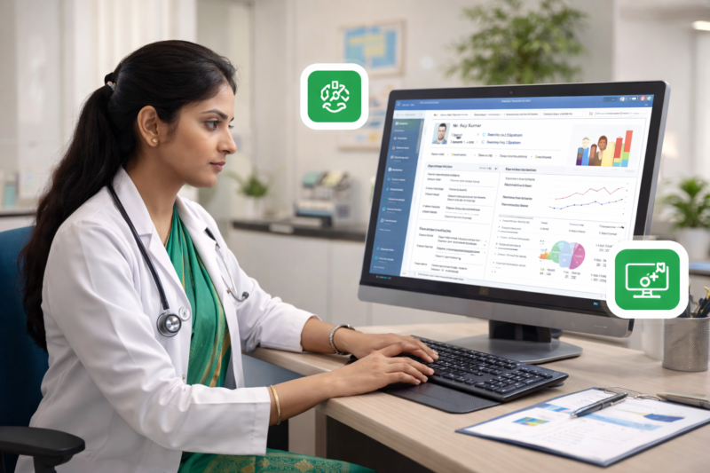 Indian doctor using advanced EMR software to analyze patient data and make smarter clinical decisions in a modern clinic