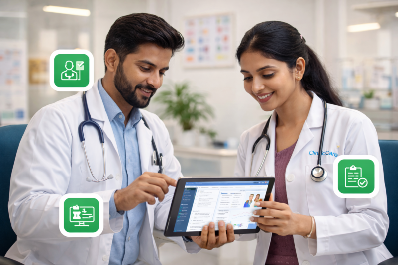 Indian doctors reviewing electronic medical records together on a tablet in a modern clinic using EMR software