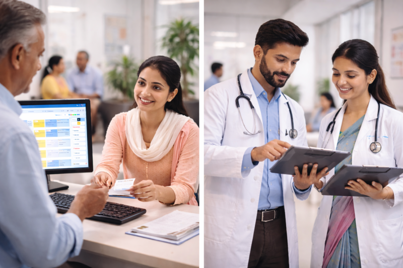 Clinic reception staff assisting patients with appointment scheduling in an Indian clinic