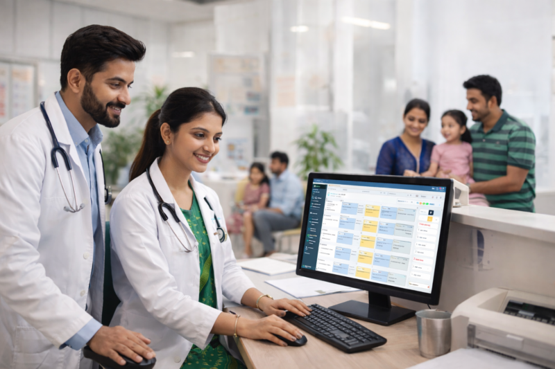Indian clinic staff managing patient appointments using appointment scheduling software at reception desk