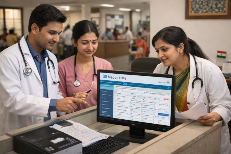 Doctors using Medoc HMS clinic management software to manage patient records, appointments, and billing at a clinic reception desk